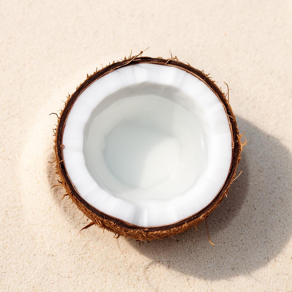 Cross section of a fresh coconut on cream sand